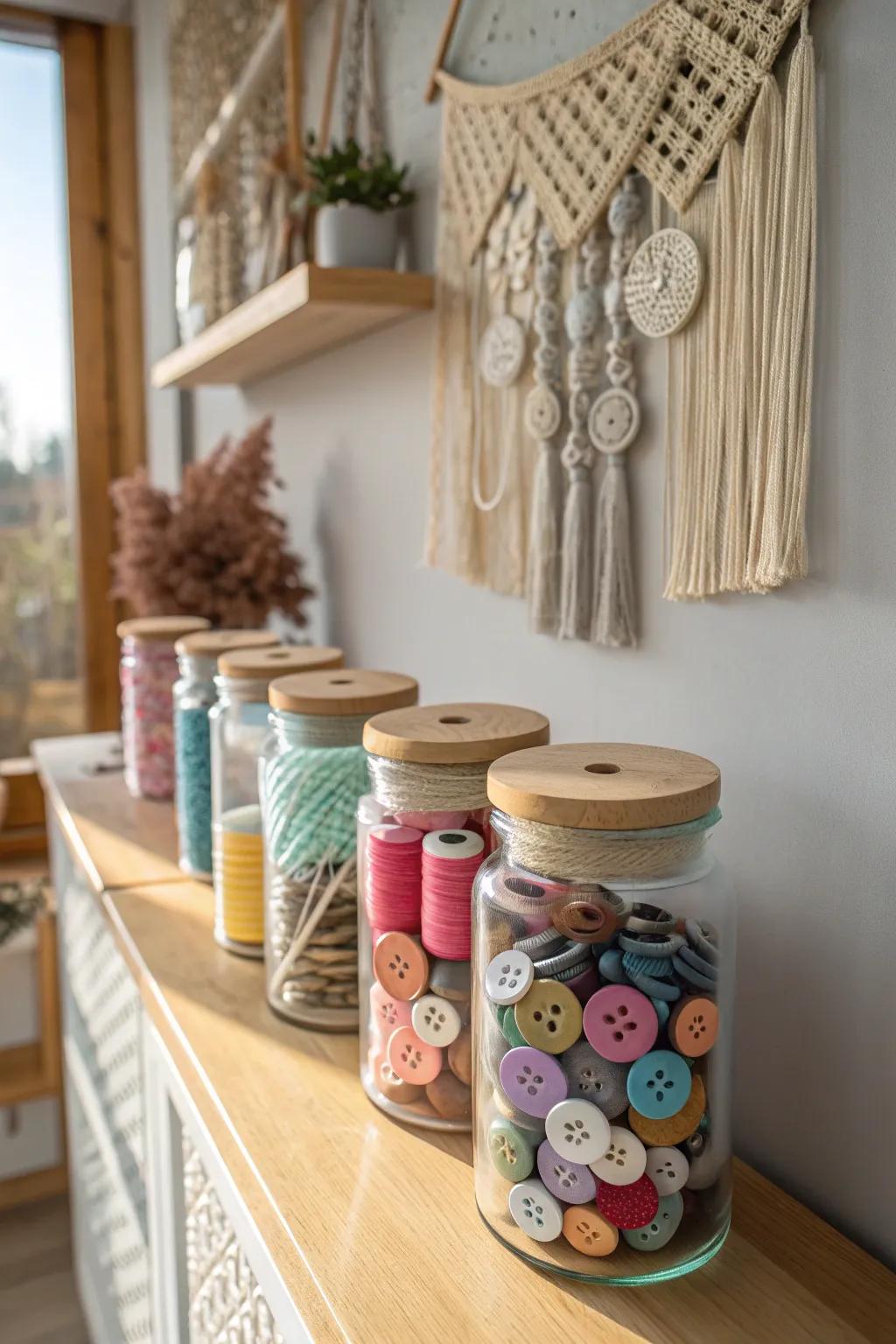 Transform your sewing space with upcycled glass jars—charming, organized, and effortlessly chic. #SewingRoom #DIYStorage #MinimalistBoho