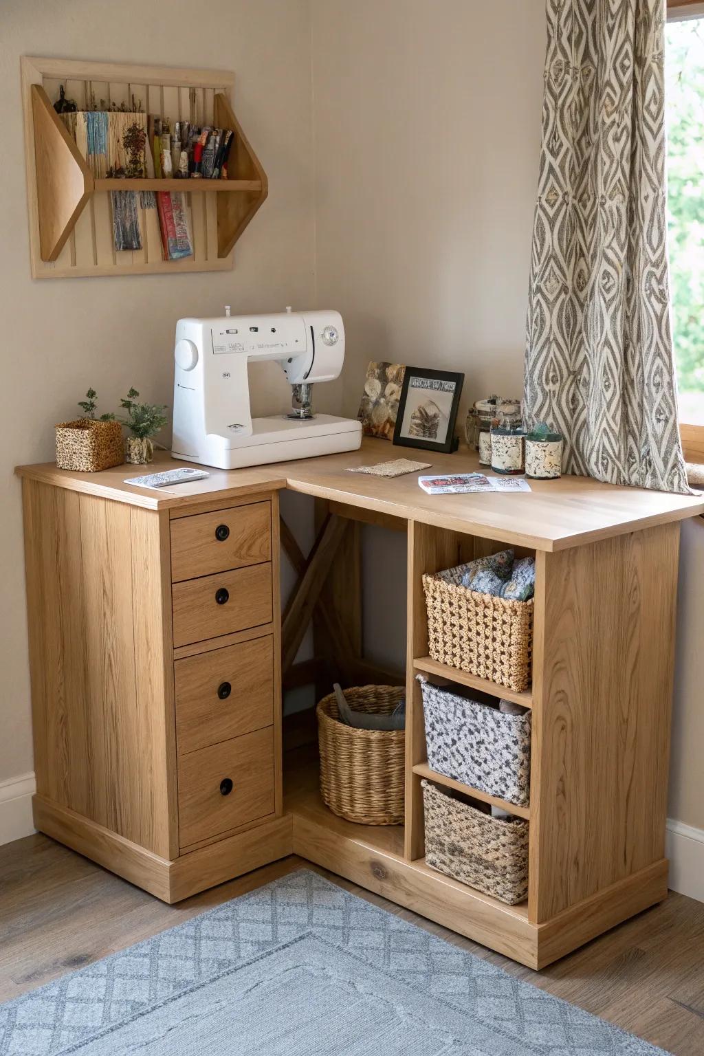 Transform any corner into a creative haven with a minimalist sewing desk that combines elegance and functionality.