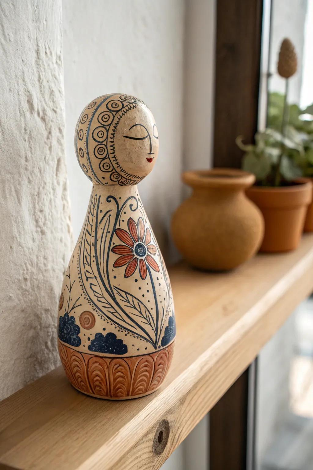 Embrace the artistry of sgraffito in your decor with this charming ceramic figurine. A perfect blend of Scandinavian simplicity and Boho flair!