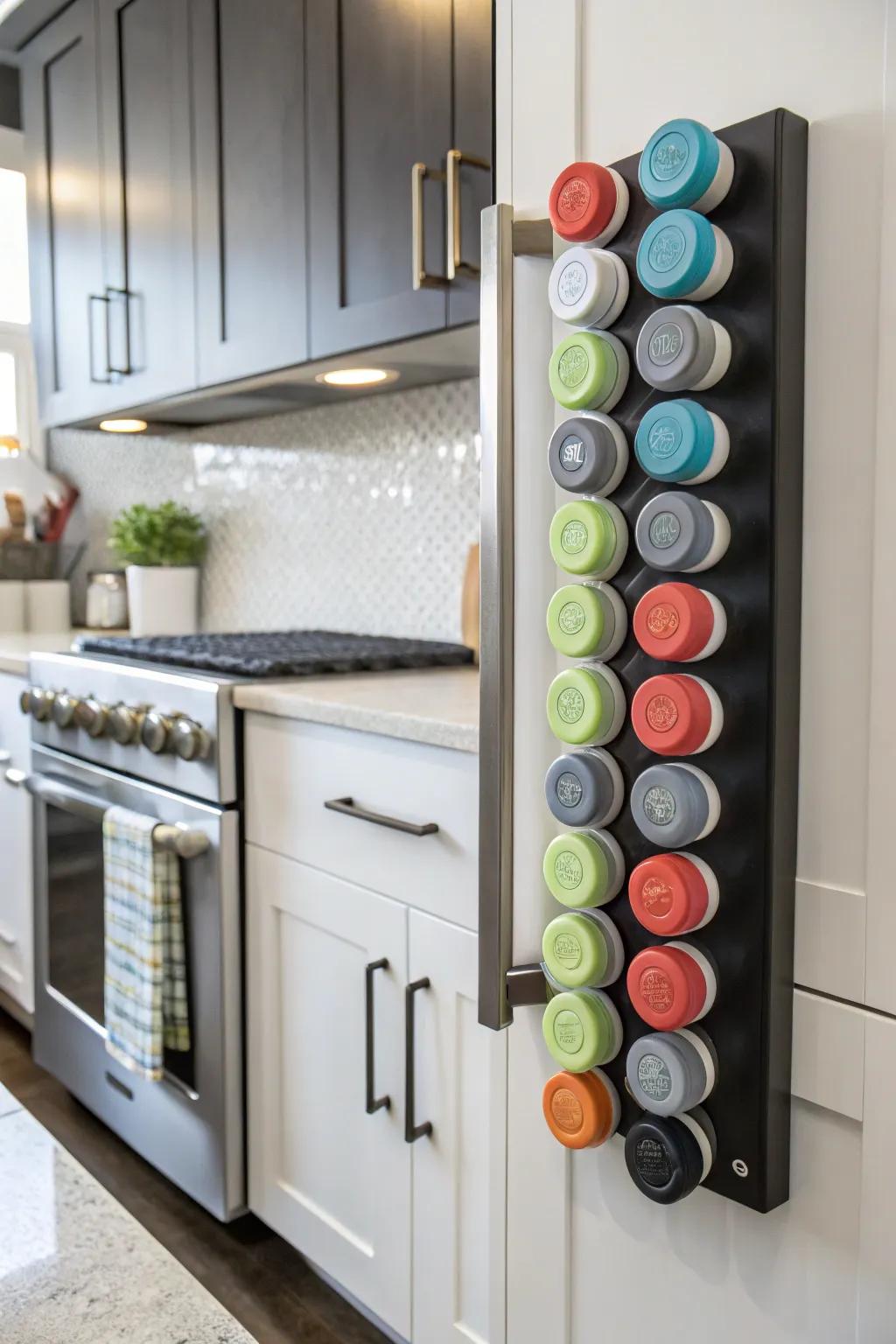 Magnetic strips inside cabinet doors offer hidden storage for shaker bottle caps.