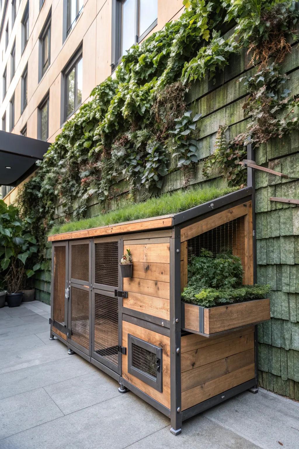 Transform your city space into an Urban Oasis with a stylish chicken coop and lush vertical garden.