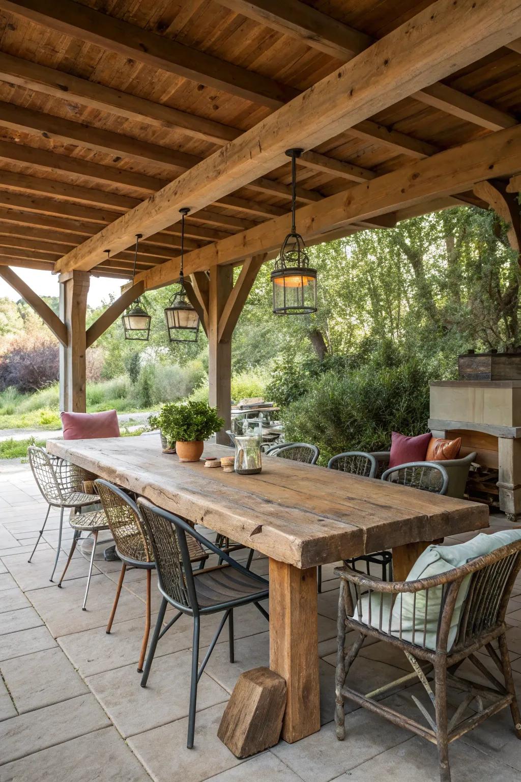 Elevate your outdoor experience with a rustic dining nook under a charming shed extension.