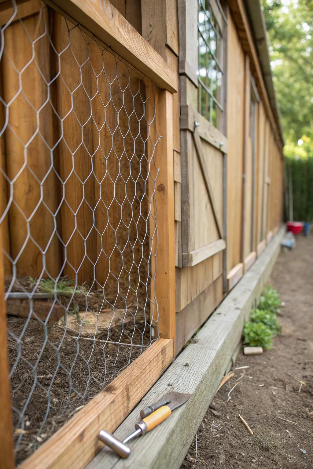 Craftsmanship Meets Functionality: Enhance your shed with elegant chicken wire skirting.