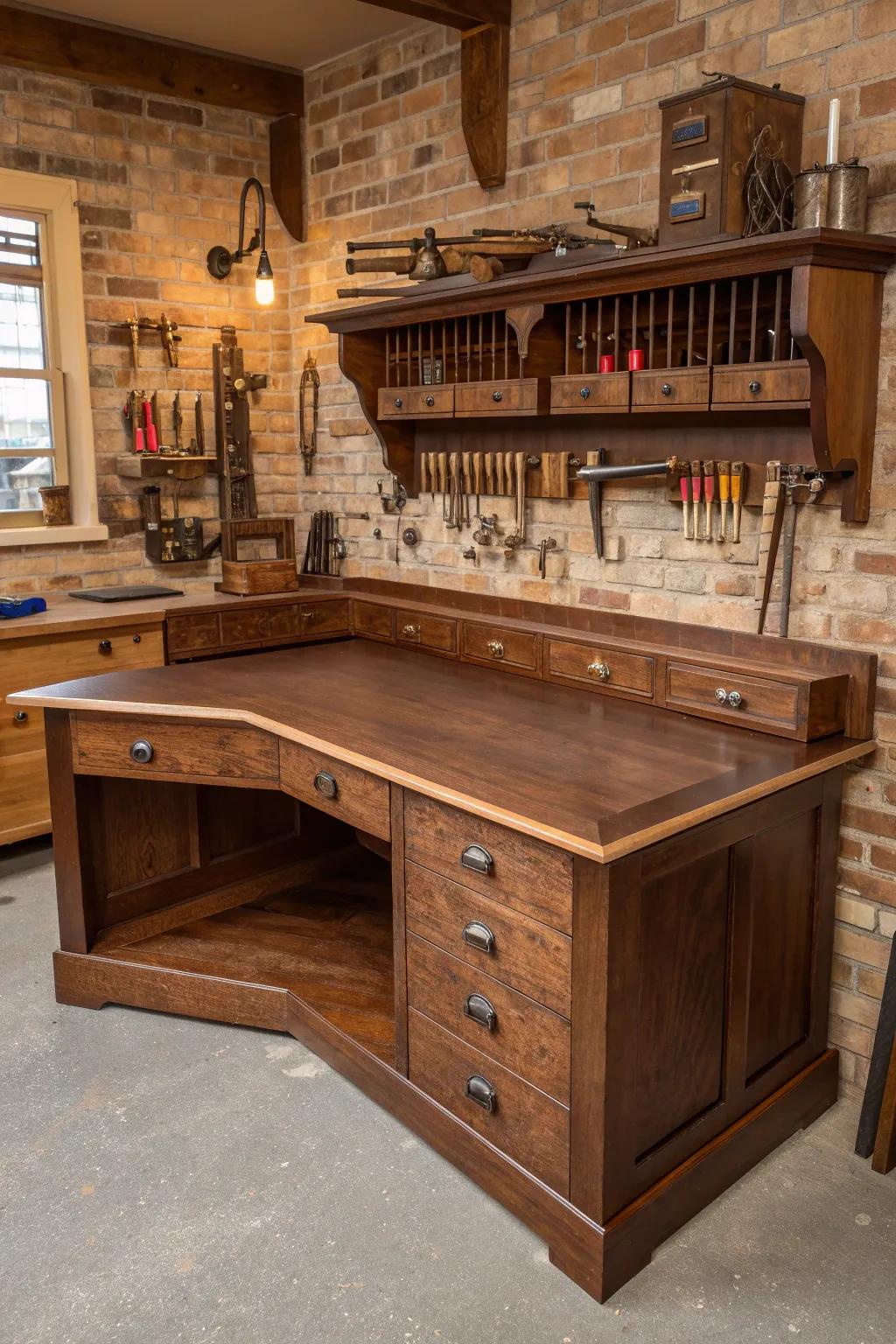 Maximize your workshop space with a beautifully crafted corner workbench—where function meets artistry.