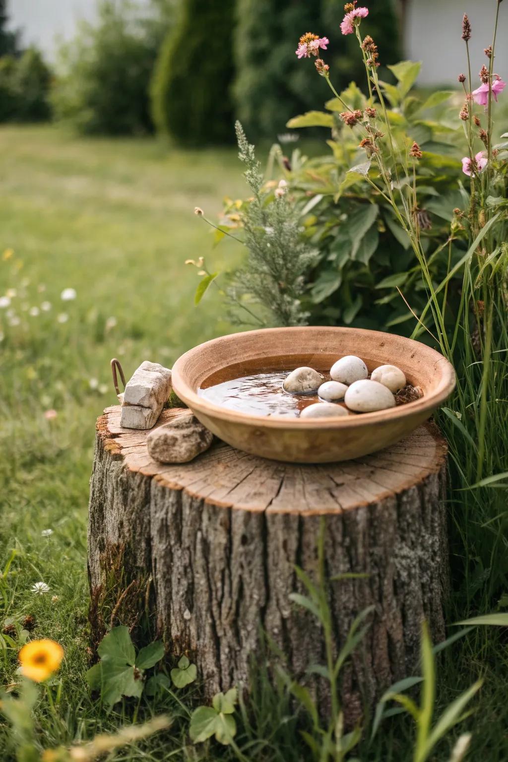 Transform your garden with a charming bird bath centerpiece, blending minimalist beauty with a touch of boho flair.