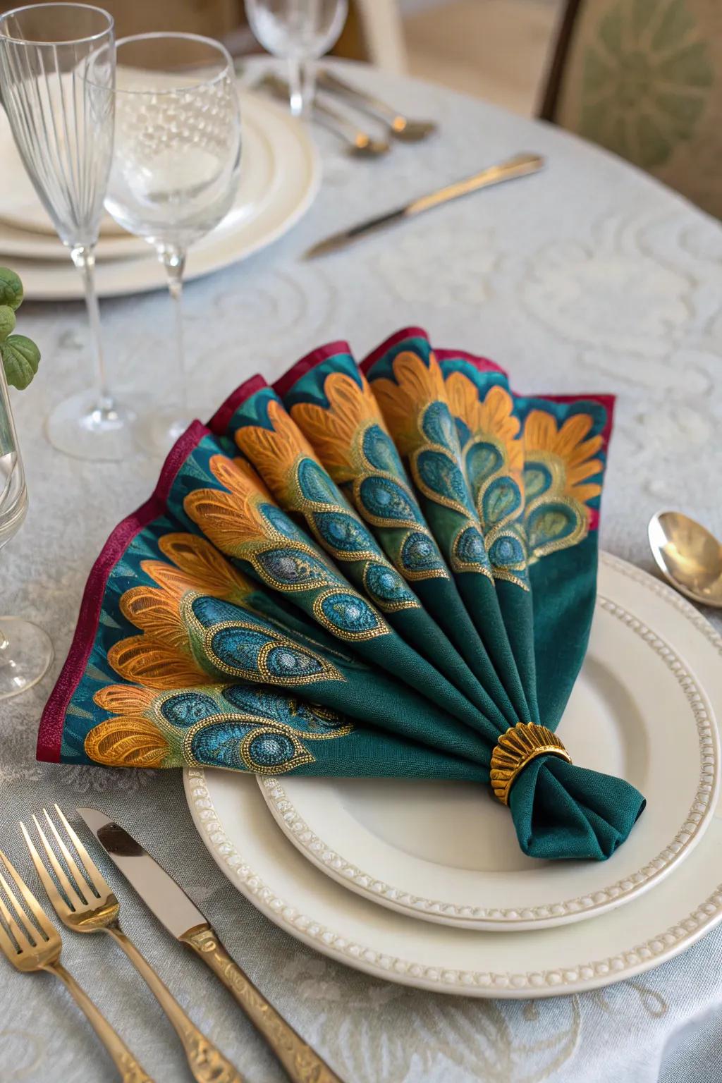 A silk napkin transformed into a peacock tail, bringing a dramatic and colorful touch to your table.