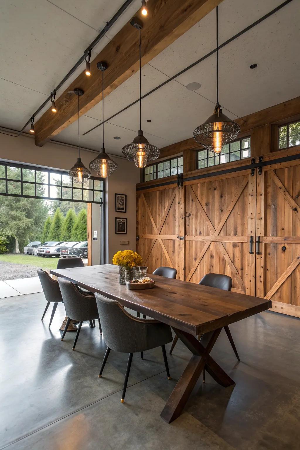 Transform your garage into a stylish dining haven with handcrafted elegance.