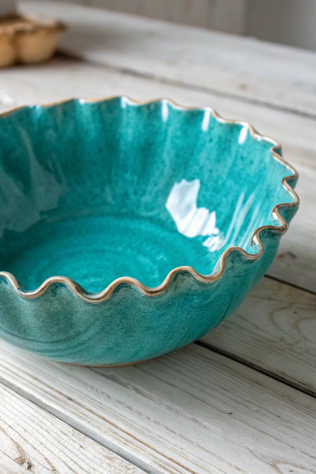 Add a splash of color and elegance to your table with this uniquely crafted teal bowl.