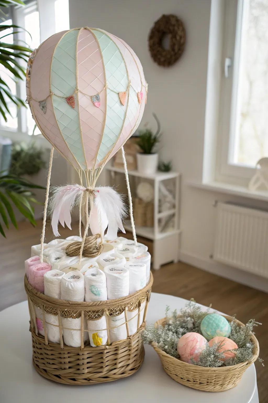 Elevate your celebration with a dreamy hot air balloon diaper cake—where whimsy meets elegance!