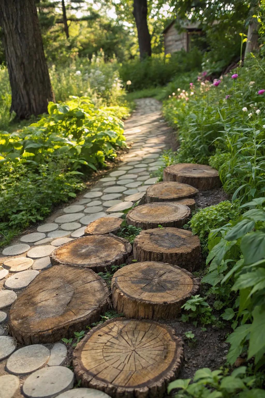 Transform your garden with a handcrafted log slice pathway, where nature meets artistry.