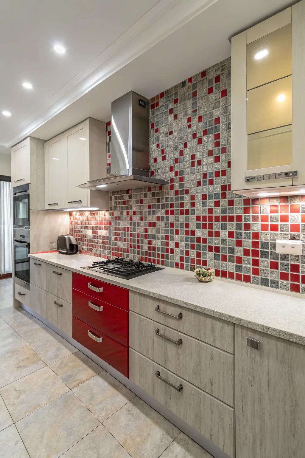 Artistic red and grey mosaic tiles adding a unique flair.