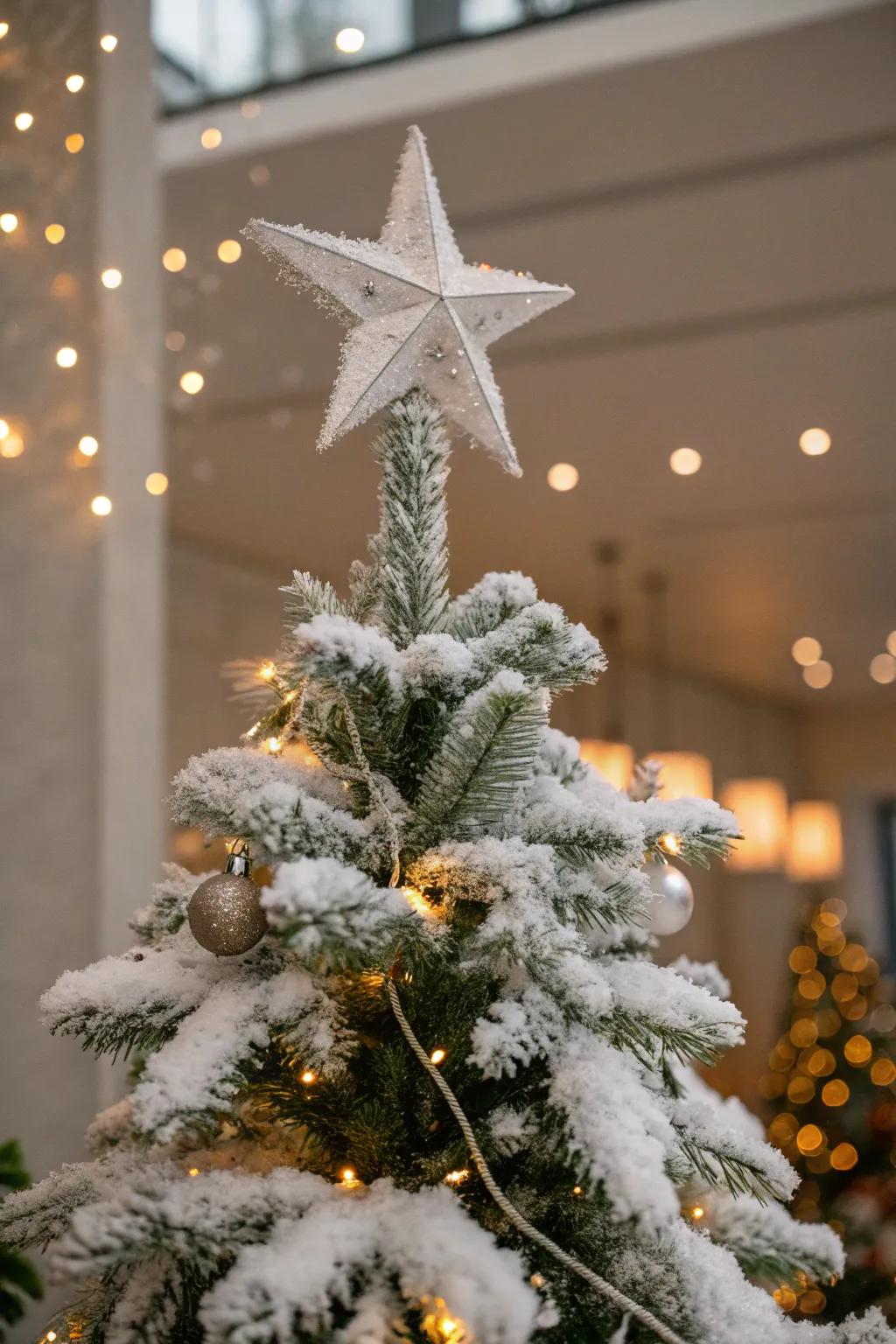 A star topper adding a classic touch to a snowy Christmas tree.
