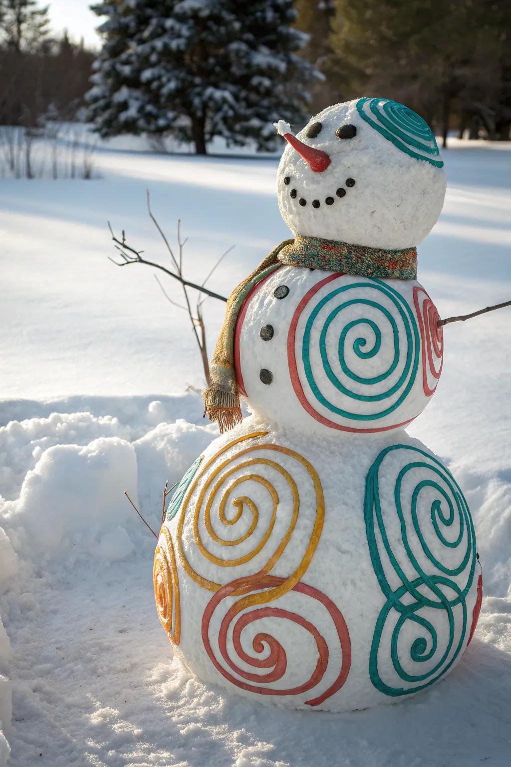 Embrace winter with a touch of artful elegance: a spiral snowman that dances with color and creativity.