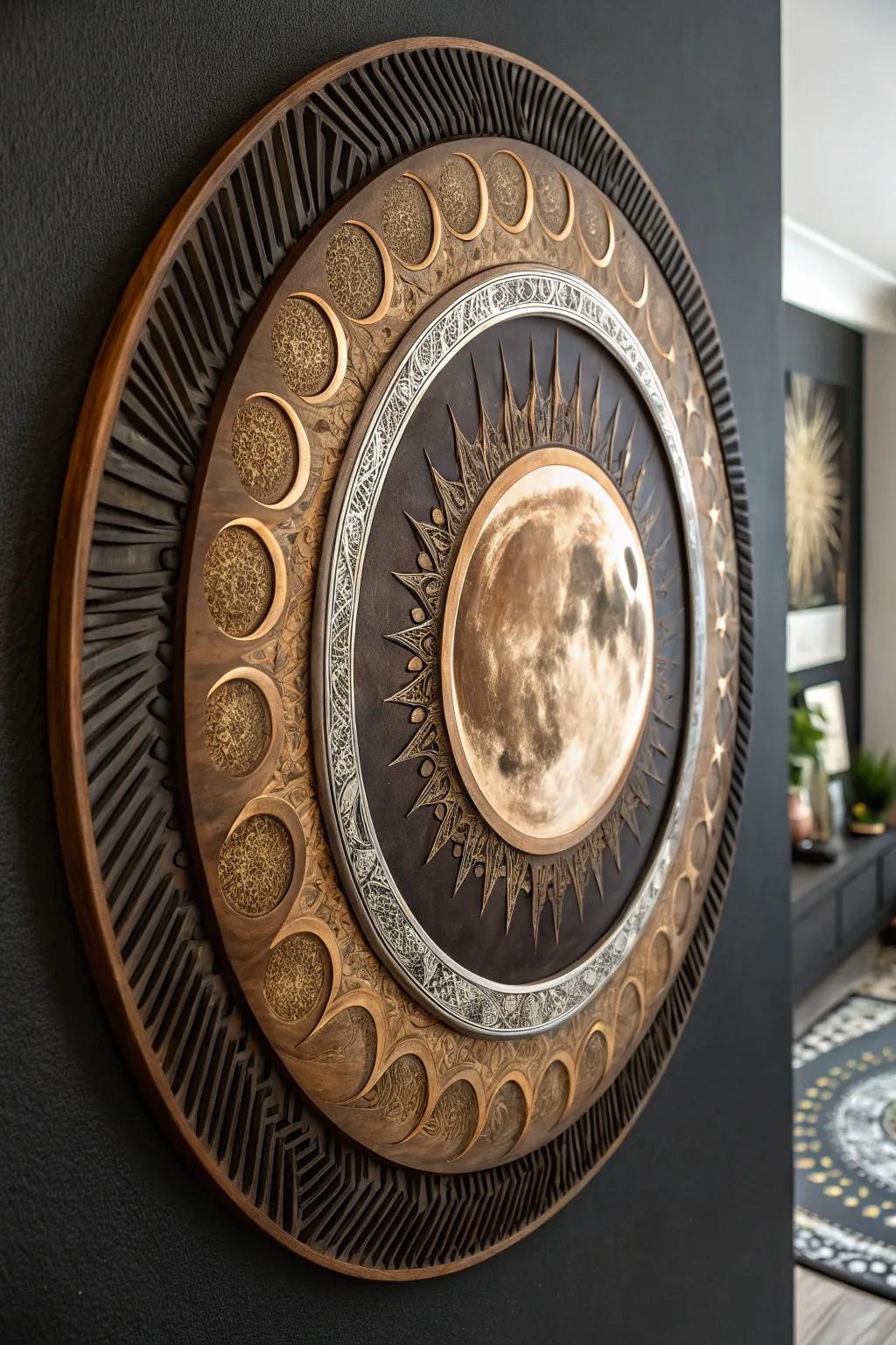 Harness the celestial beauty of an eclipse with this exquisite handcrafted wall art.