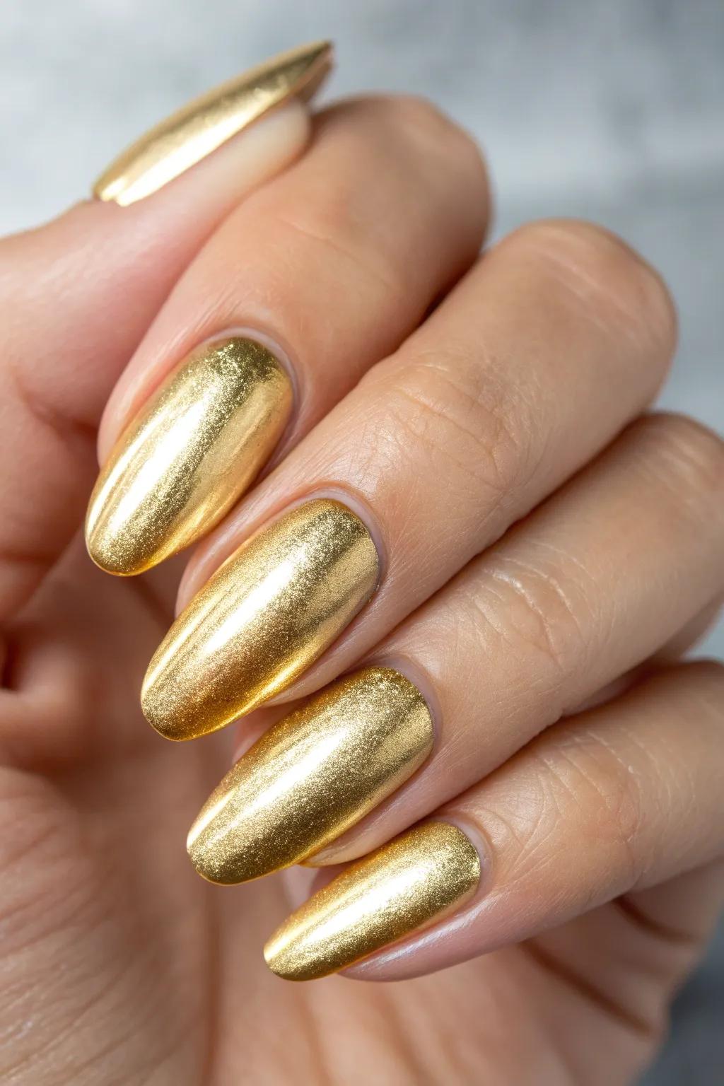 Elevate your style with the luxurious glow of metallic gold nails, perfect for adding a touch of elegance to any occasion.