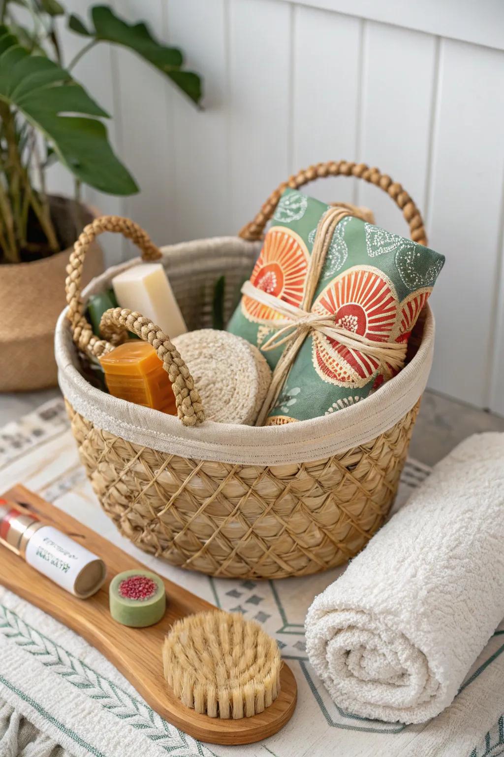 Embrace eco-luxury with a beautifully curated spa basket that’s kind to the planet and stunning in simplicity.