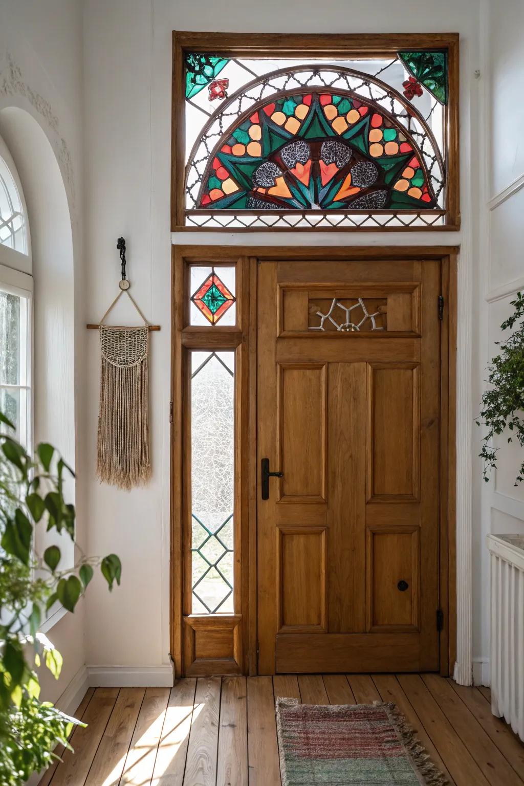 Bask in the colorful embrace of sunlight filtered through a stunning stained glass transom window.