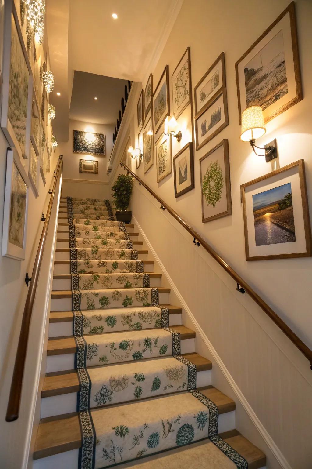 Coordinated wall decor enhances the overall aesthetic of the staircase.