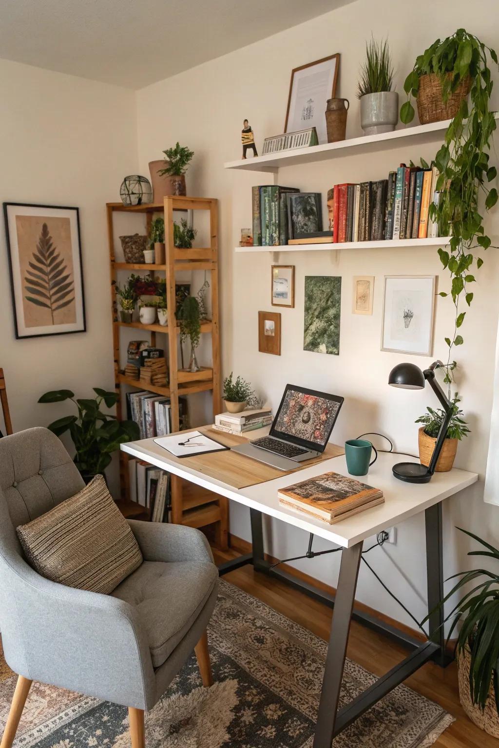 Personal touches transform a standing desk into a welcoming workspace.