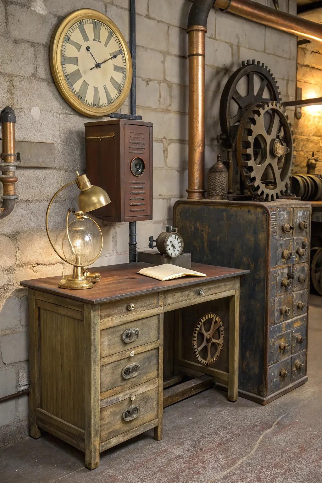 Weathered finishes give this steampunk interior a rich, historical texture.