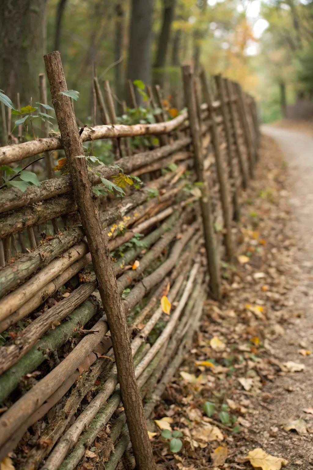 Embrace rustic charm with a sandwiched debris fence, where nature meets craftsmanship.
