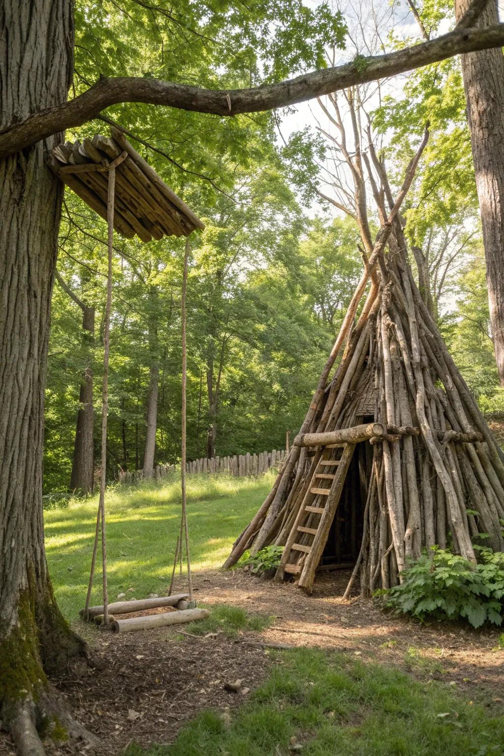 Experience the perfect blend of adventure and craftsmanship with this enchanting swing and fort combo nestled in the woods.