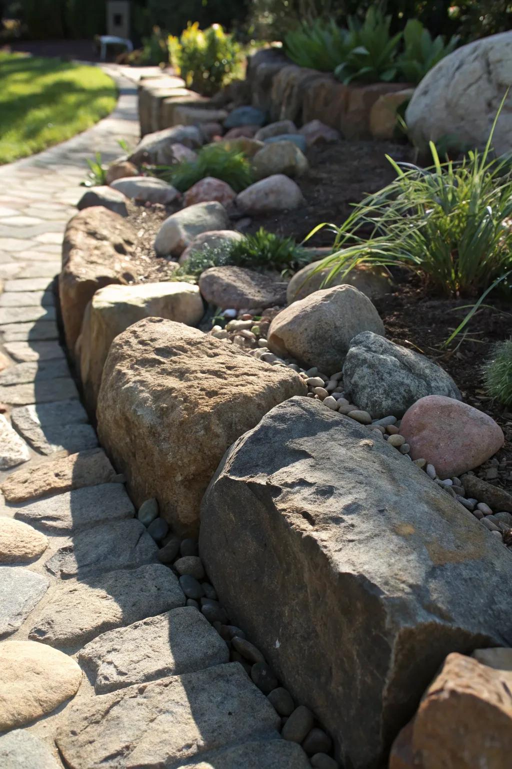 Elevate your garden with a rugged rockery edge that exudes natural craftsmanship.