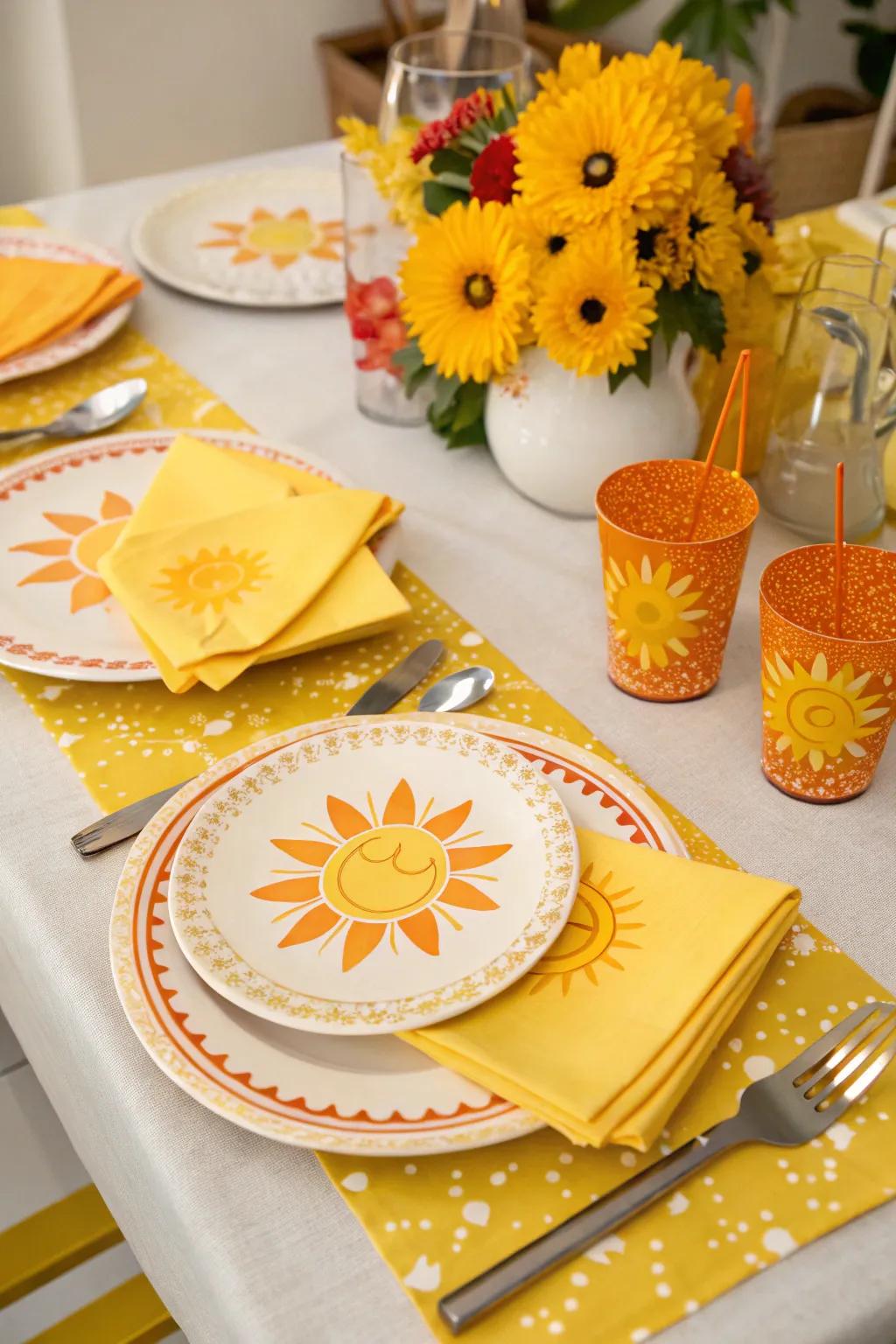 Sunbeam tableware adds a vibrant touch to the dining setup.