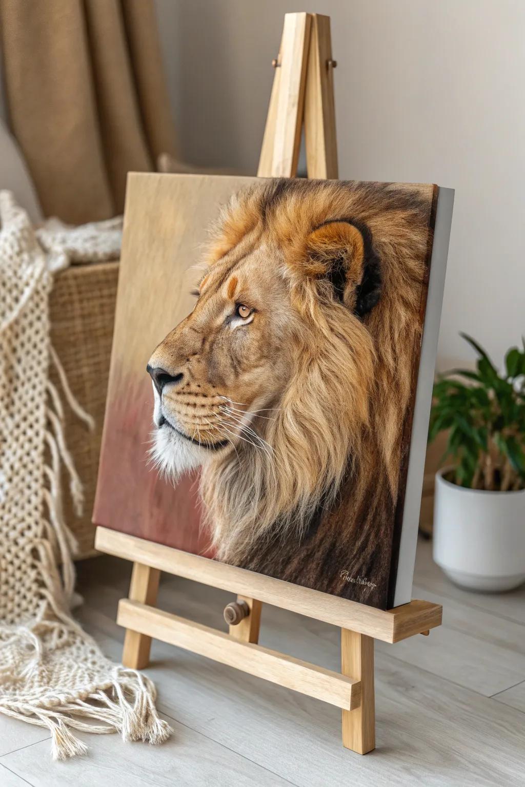 Embrace the wild side with a captivating lion portrait that brings artful elegance and vibrant charm to your space.
