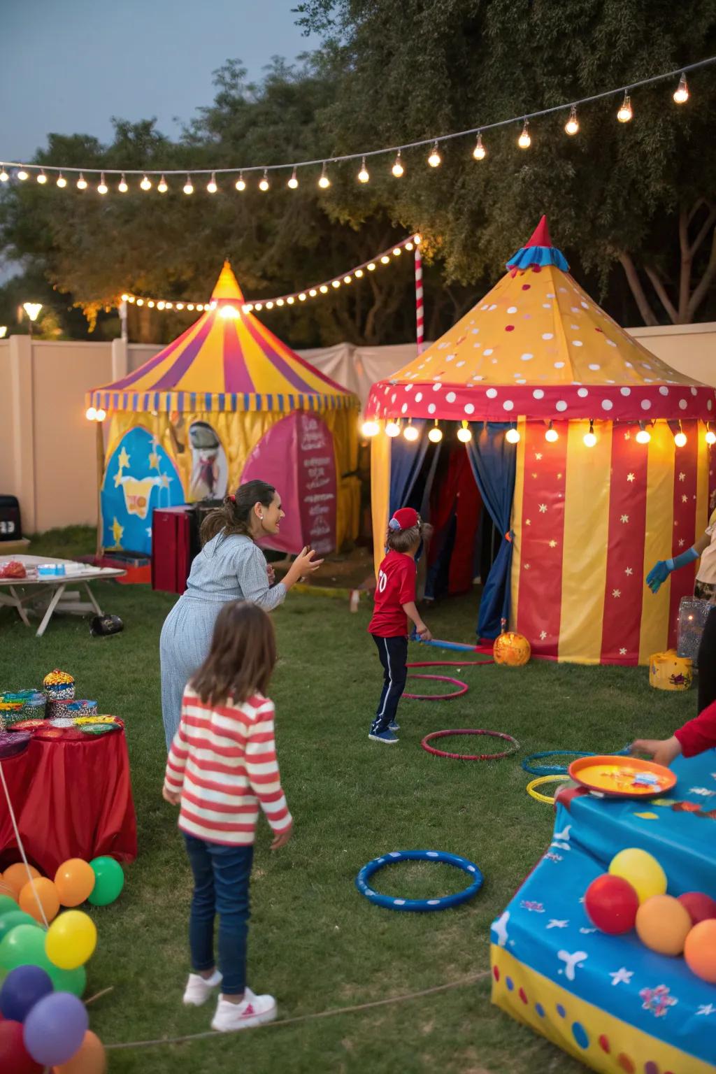 Circus-themed celebration with vibrant tents and games.