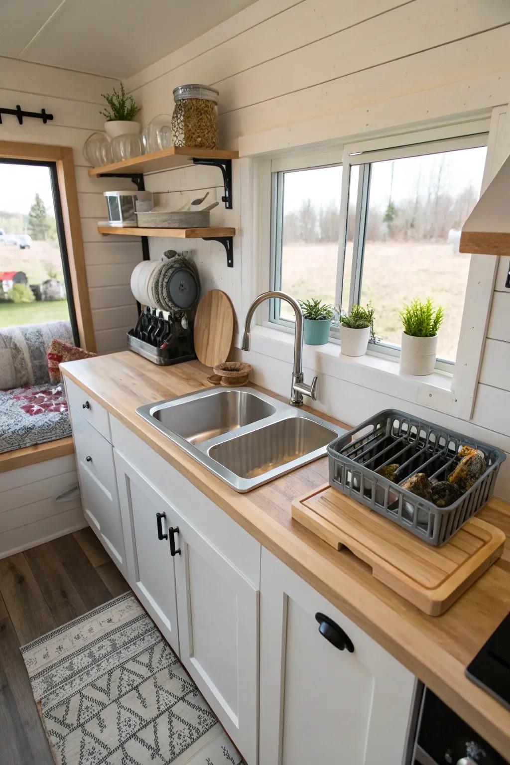 A multi-functional sink doubling as a workstation in a tiny house kitchen.
