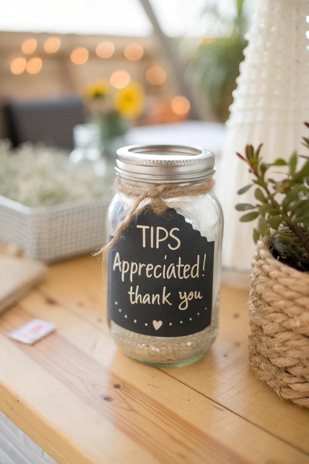 Embrace simplicity and gratitude with a charming tip jar that speaks volumes.