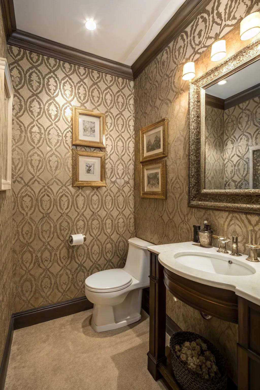 Textured walls adding depth to a toilet room design.
