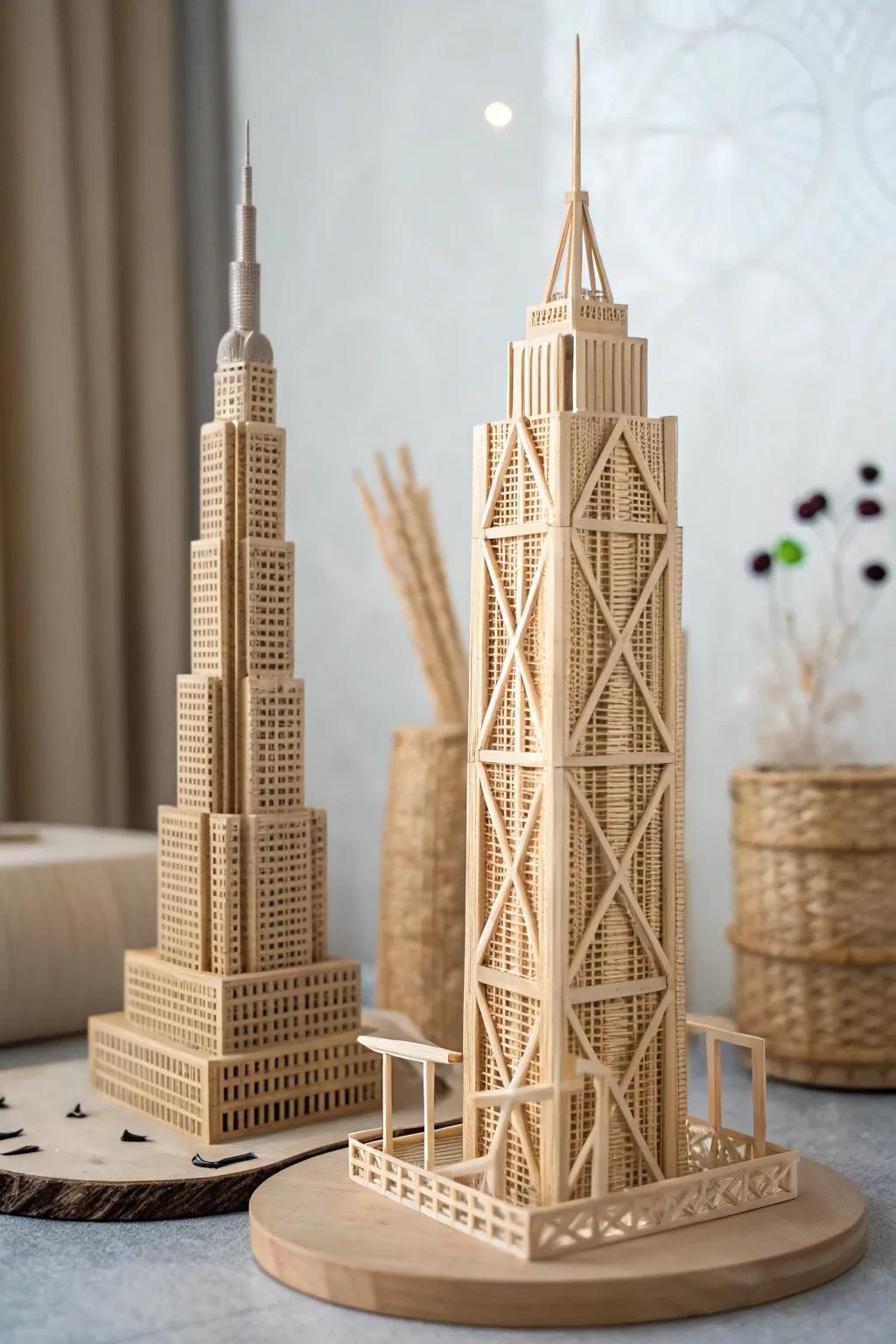 Envision the future with this exquisite toothpick cityscape—where minimalist design meets bold imagination.