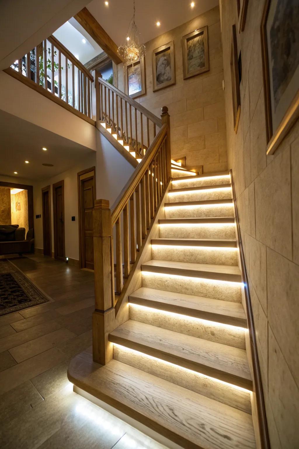 LED-lit steps enhance safety and add a modern touch.