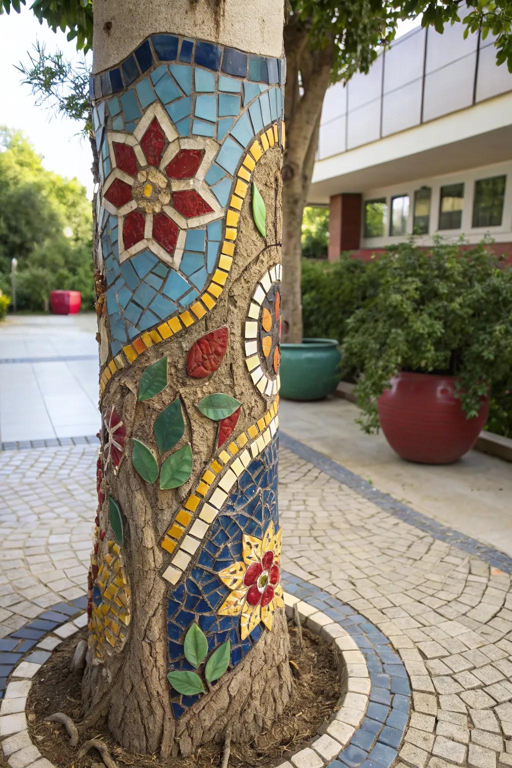 Transform nature with vibrant craftsmanship: a mosaic masterpiece on a tree trunk.