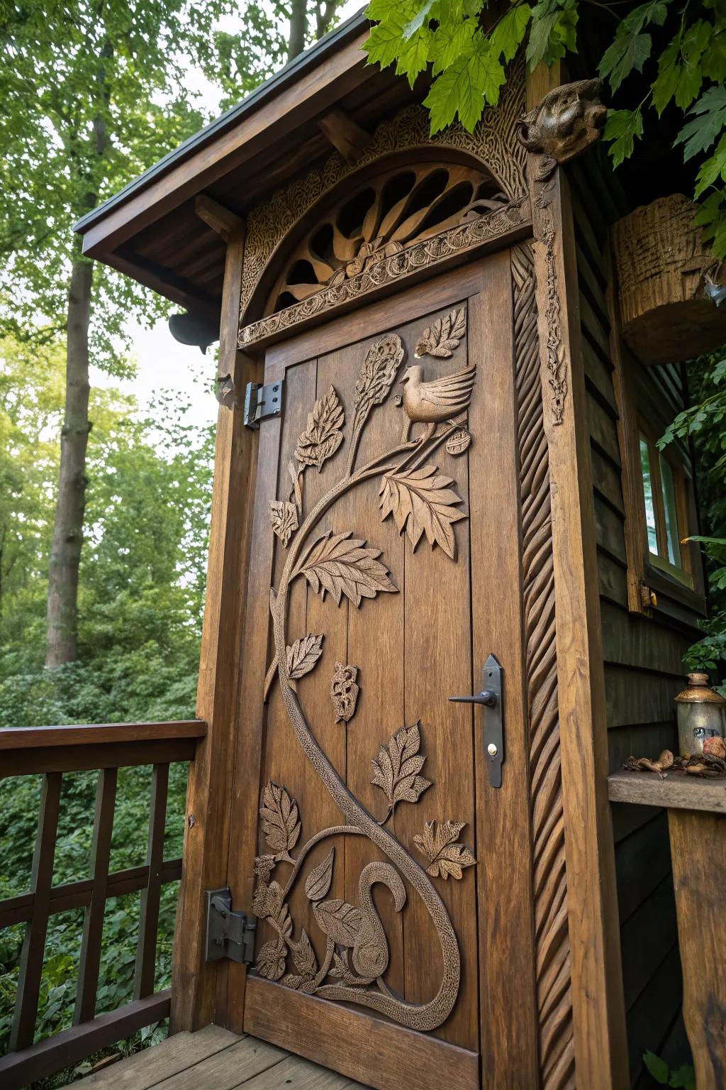Unlock the beauty of nature with this masterfully carved treehouse door, where art meets the wild.