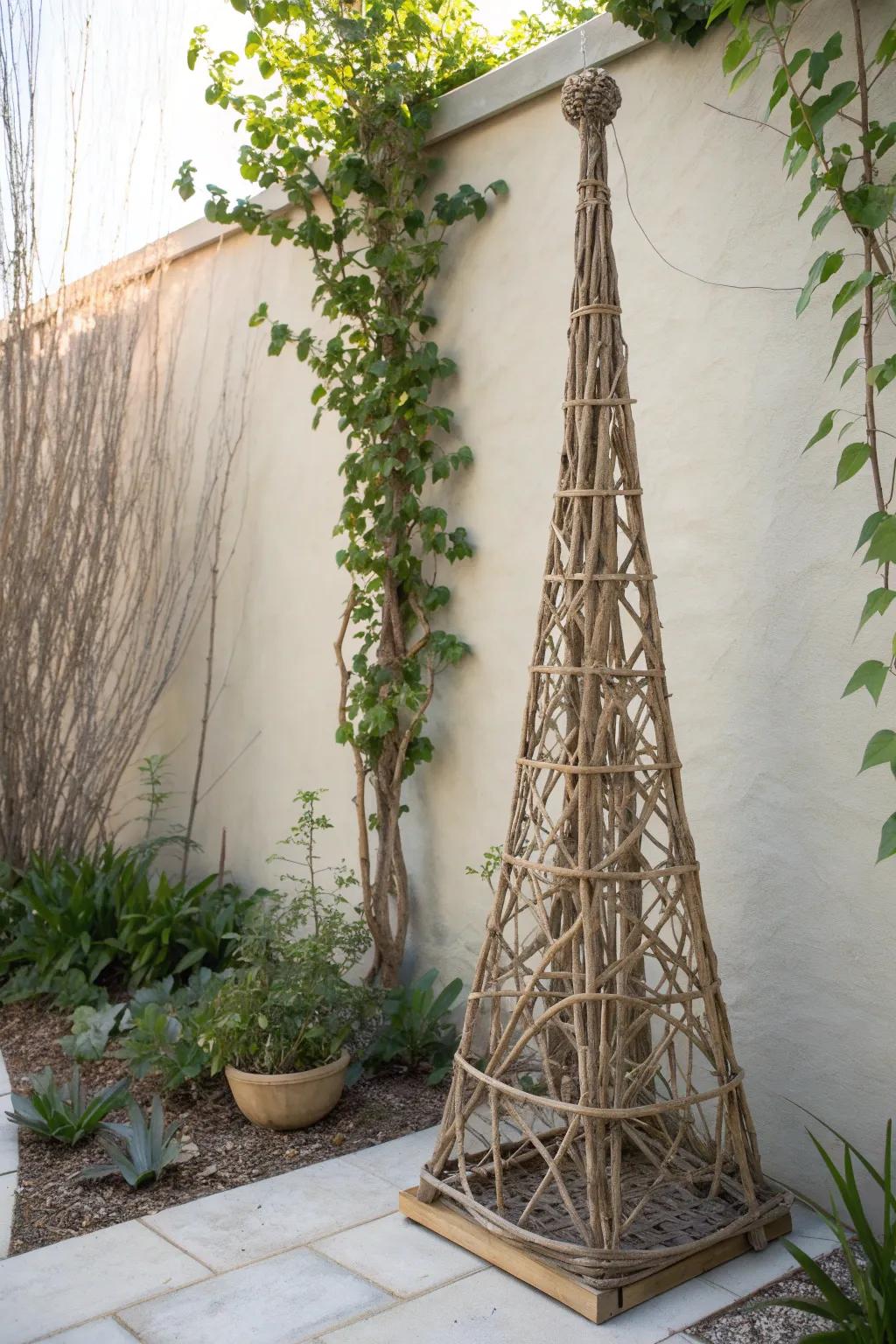 Embrace rustic charm with a minimalist twig obelisk—where nature meets craftsmanship in your garden sanctuary.