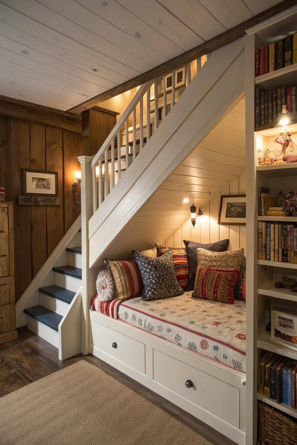 Innovative use of space with an under-stair triple bunk bed.