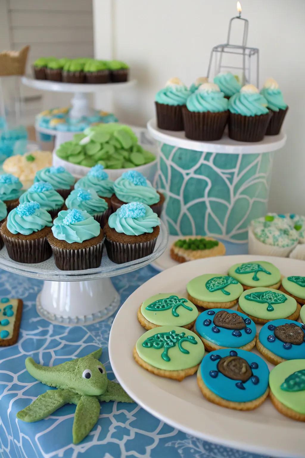 A delectable sea-themed dessert table full of treats.