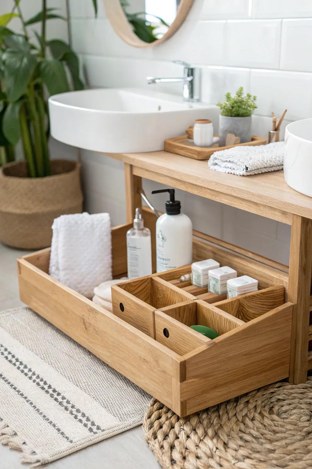 Effortlessly stylish and functional: Organize your bulkier items with this Scandinavian-inspired under-sink solution. #HomeOrganization #ScandinavianDesign #MinimalistLiving