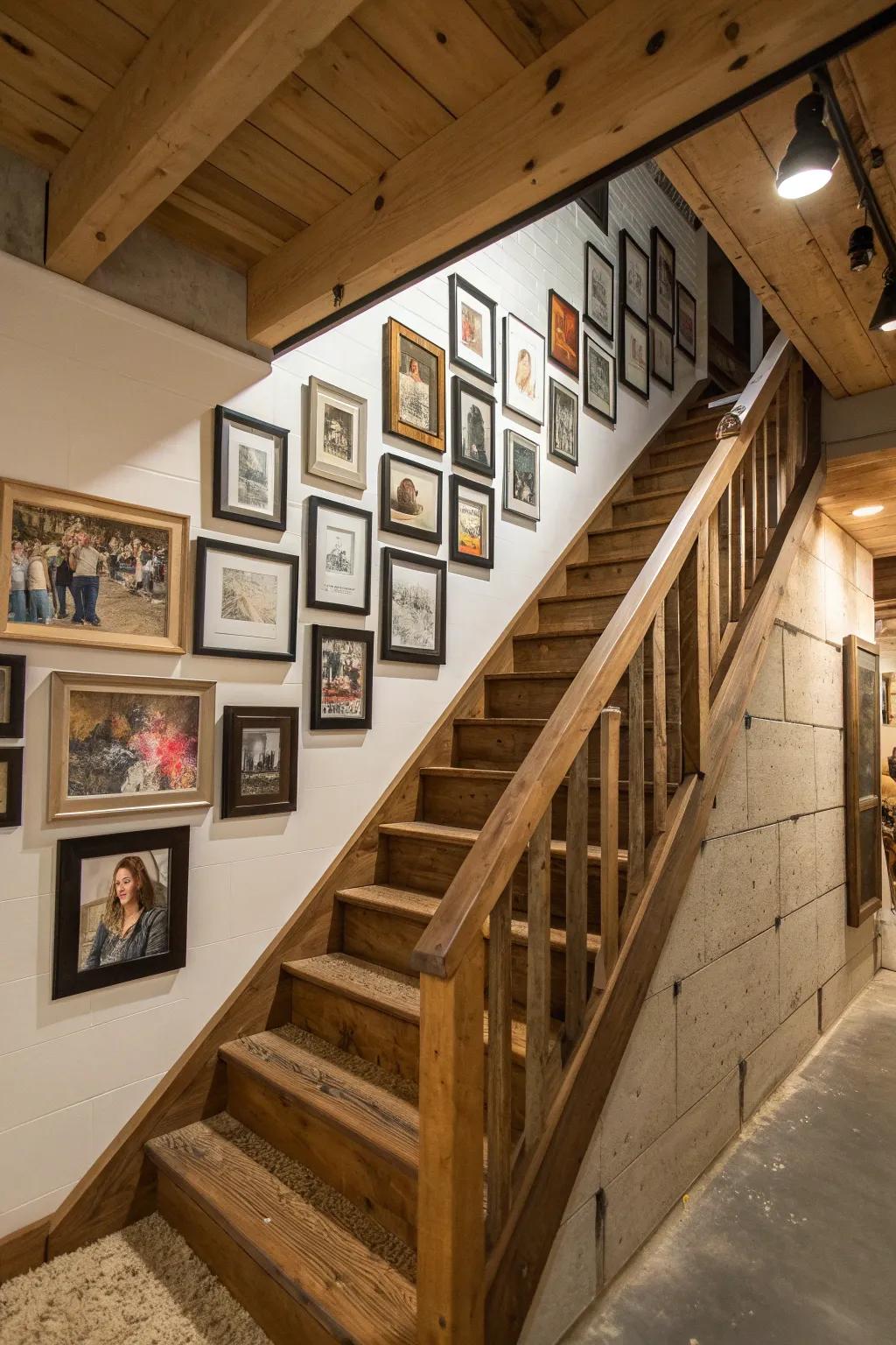 Transform your basement stairs into a personal gallery with a handcrafted touch.