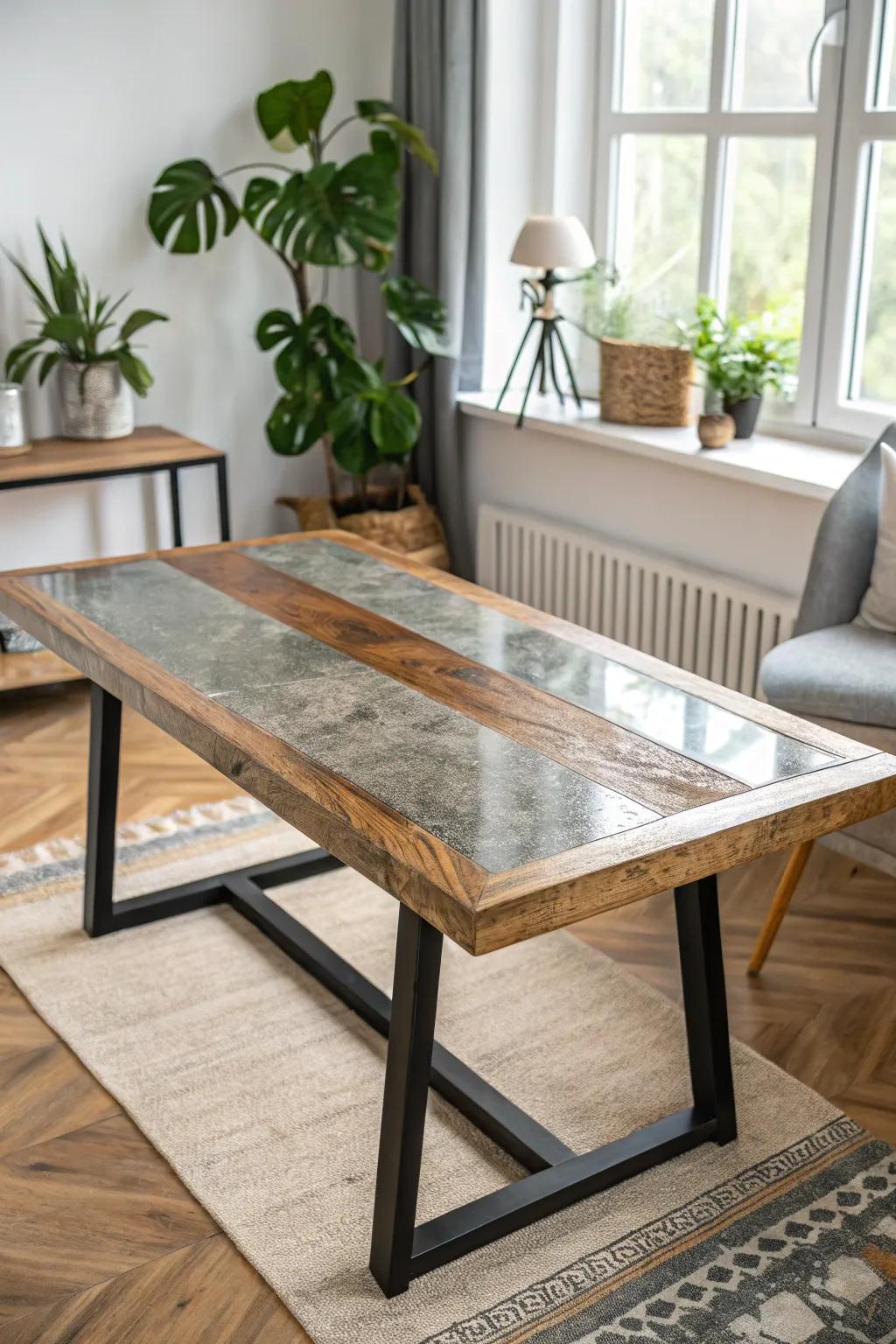 Transform your space with this industrial chic epoxy table top, where modern elegance meets bold design.