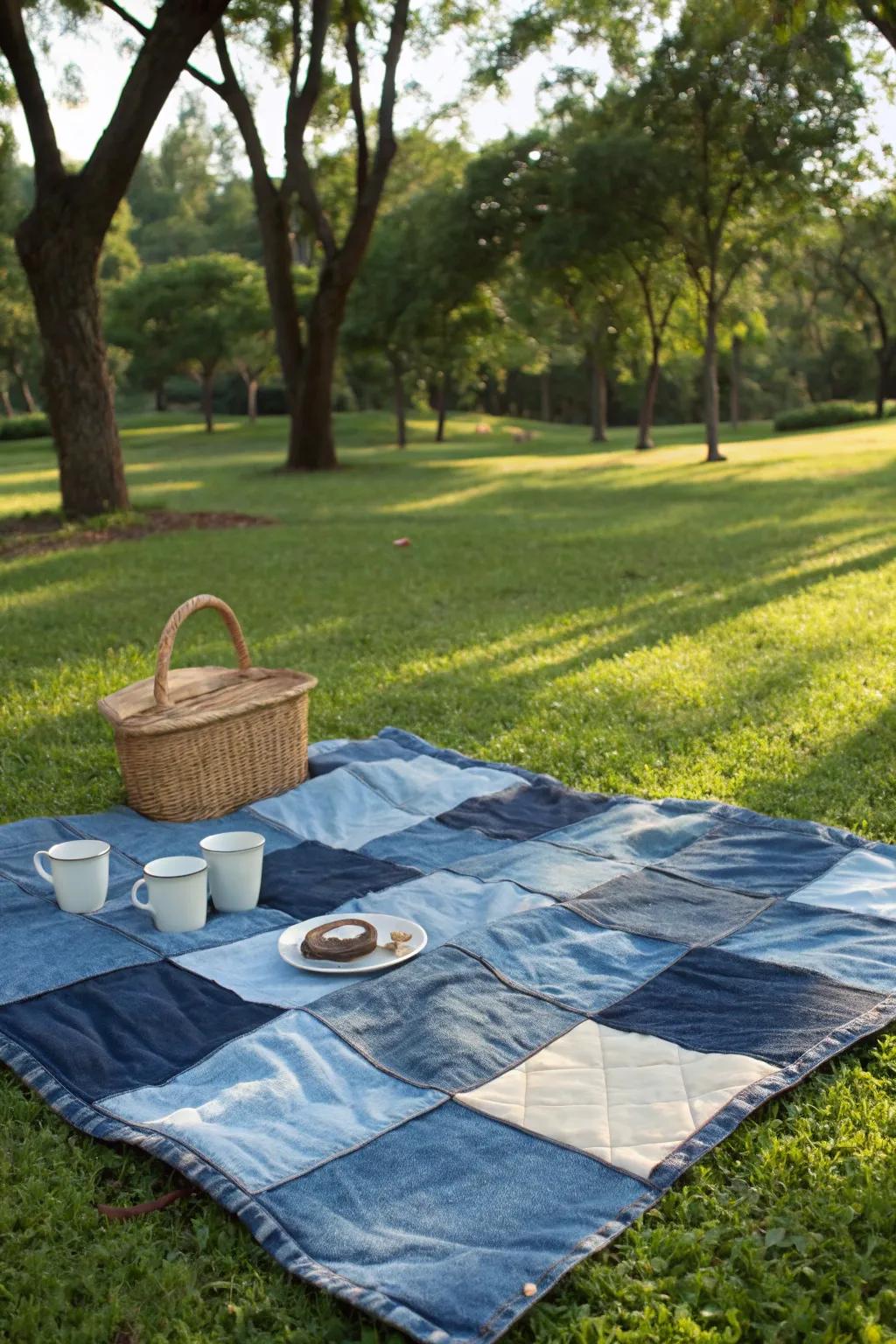 Embrace the art of upcycling with a chic denim picnic blanket, perfect for your next outdoor adventure!