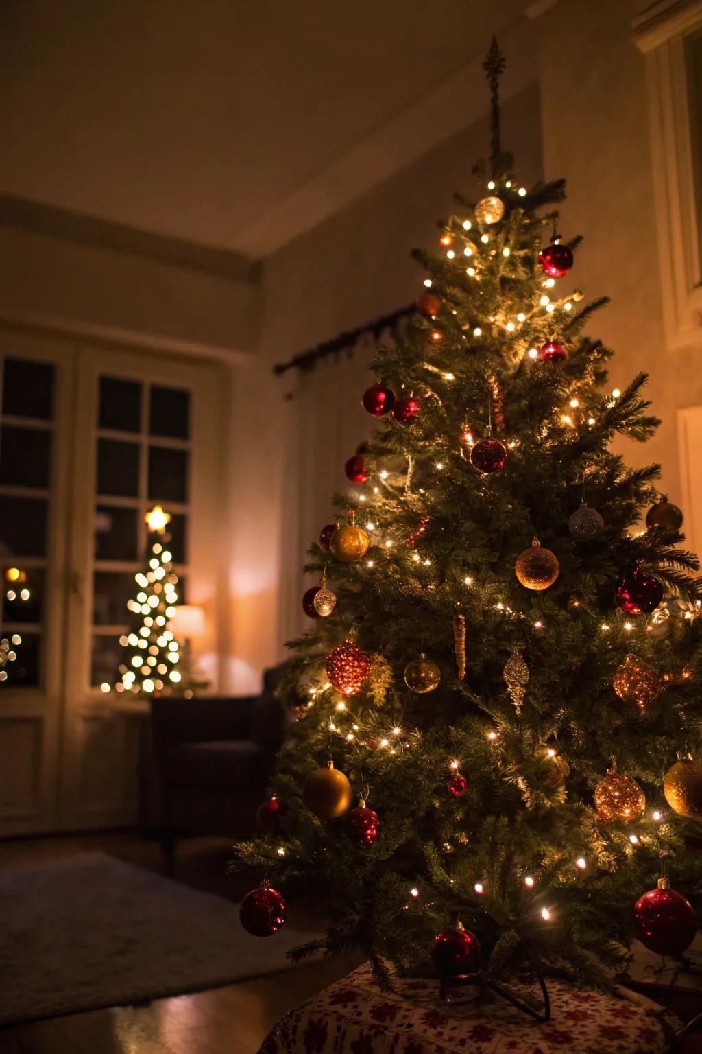 Warm lights add a cozy glow to this vintage-inspired tree.
