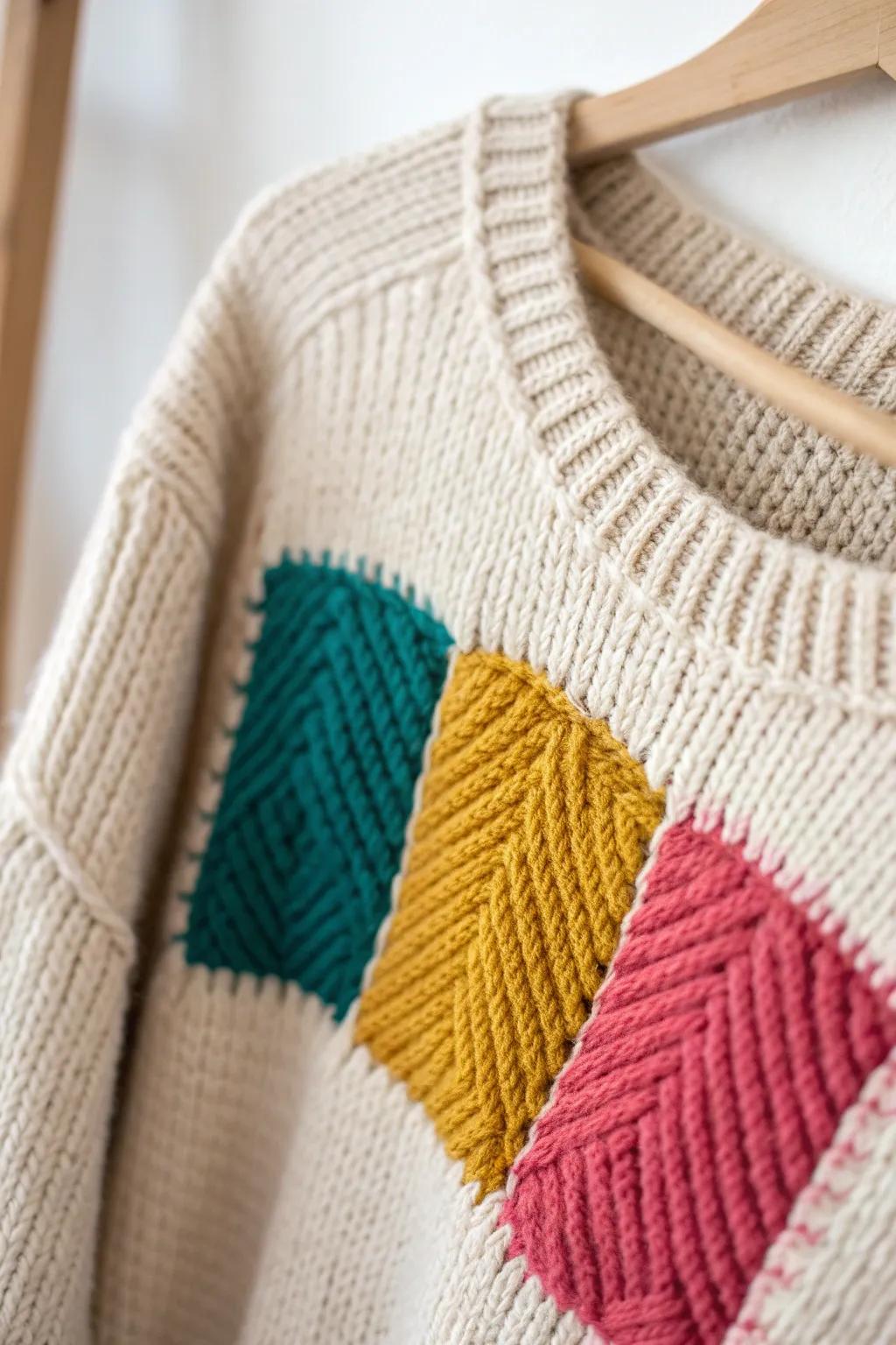 Embrace the art of visible mending with vibrant yarns for a cozy, colorful repair.