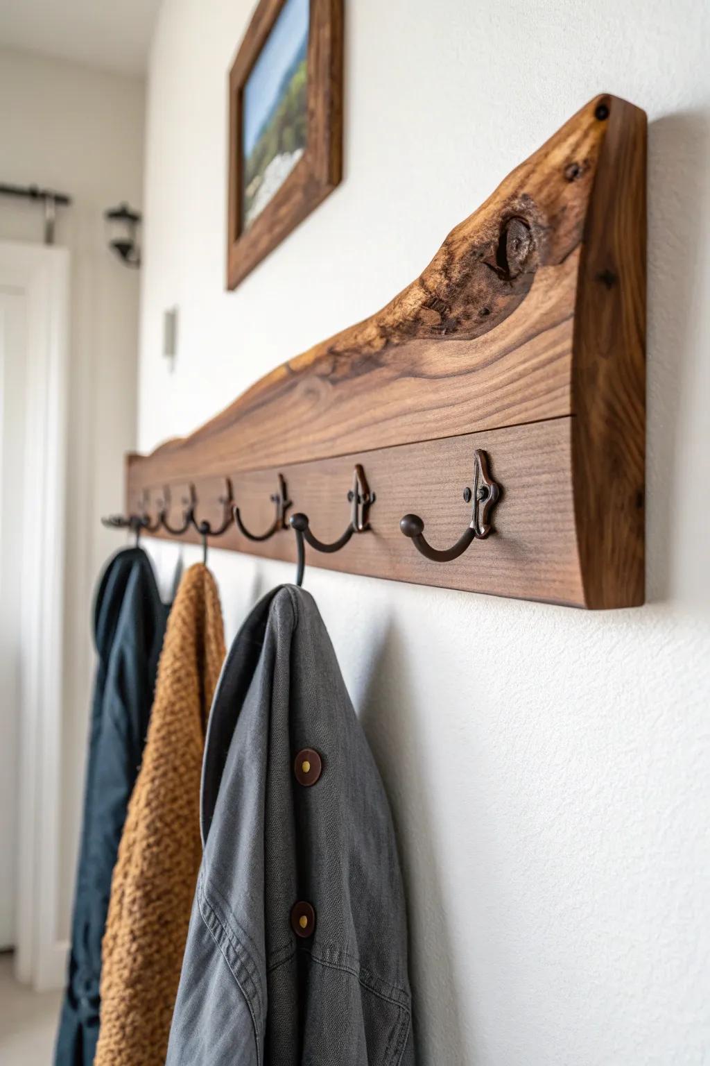 Elevate your entryway with the raw elegance of a live-edge wooden coat rack.