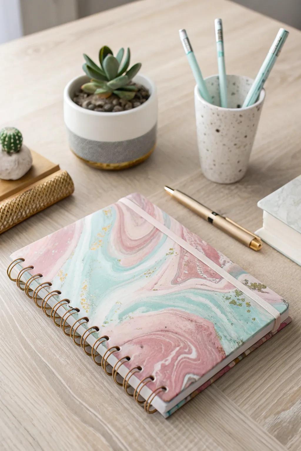 Capture your thoughts in style with a unique marbled notebook that adds a touch of artistry to your writing nook.