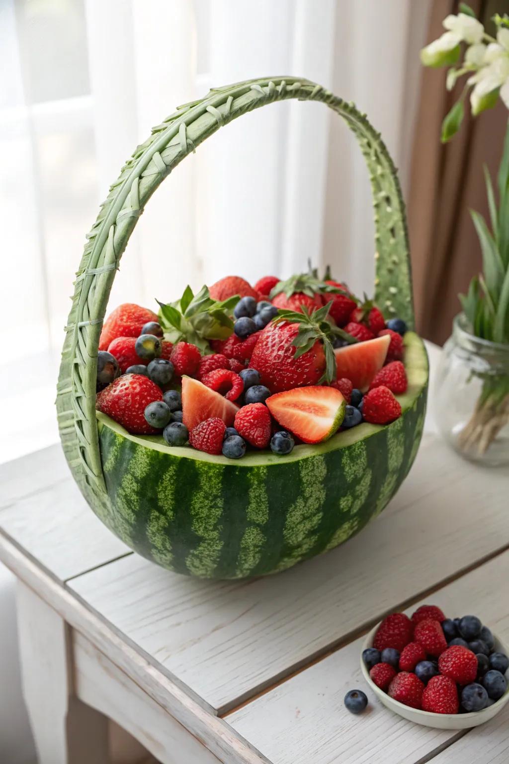A Berry Bonanza in a Watermelon Basket: Nature's artful blend of colors and flavors.