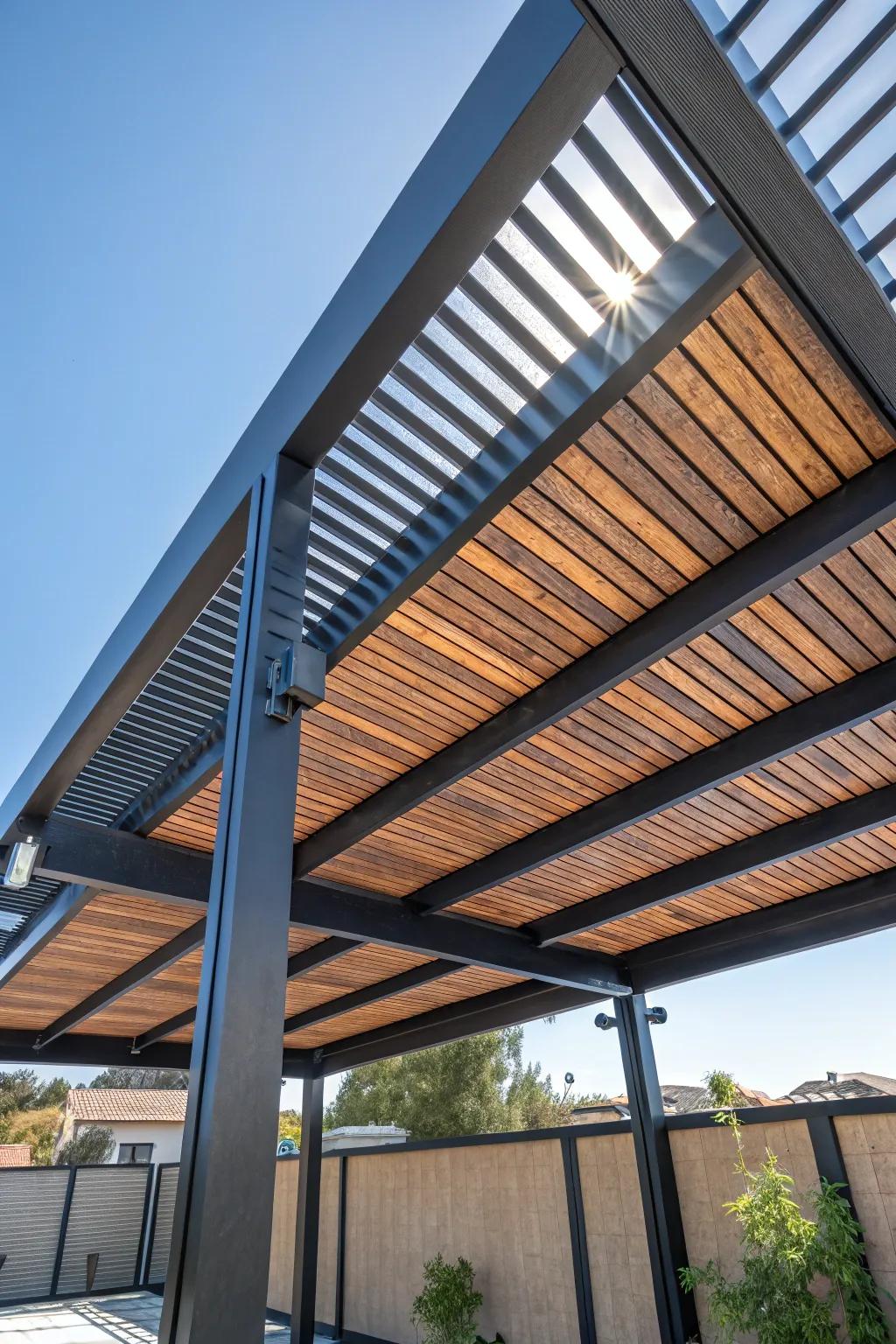 Discover the perfect blend of modern elegance and rustic charm with this expertly crafted waterproof pergola roof.